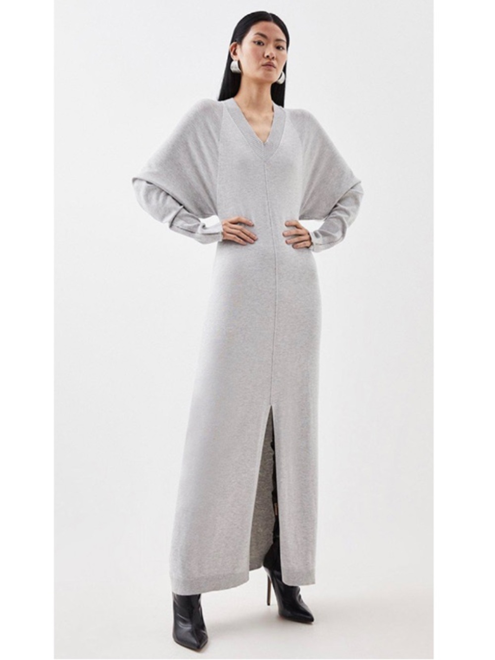 NWT Karen Millen Viscose Blend Batwing Knitted Column Maxi Dress Grey Small
